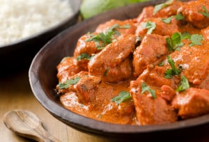 Creamy butter chicken curry with basmati rice.